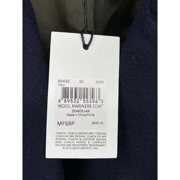 Coach 1941 Wool Mariners Pea Coat Navy Blue Size 50 (XL) NWT $895 (F-1)
